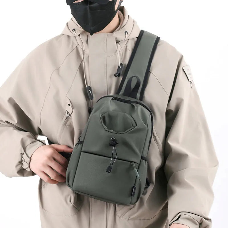 Oxford cloth waterproof shoulder chest bag for men in dark gray, green, black, blue, or light gray.