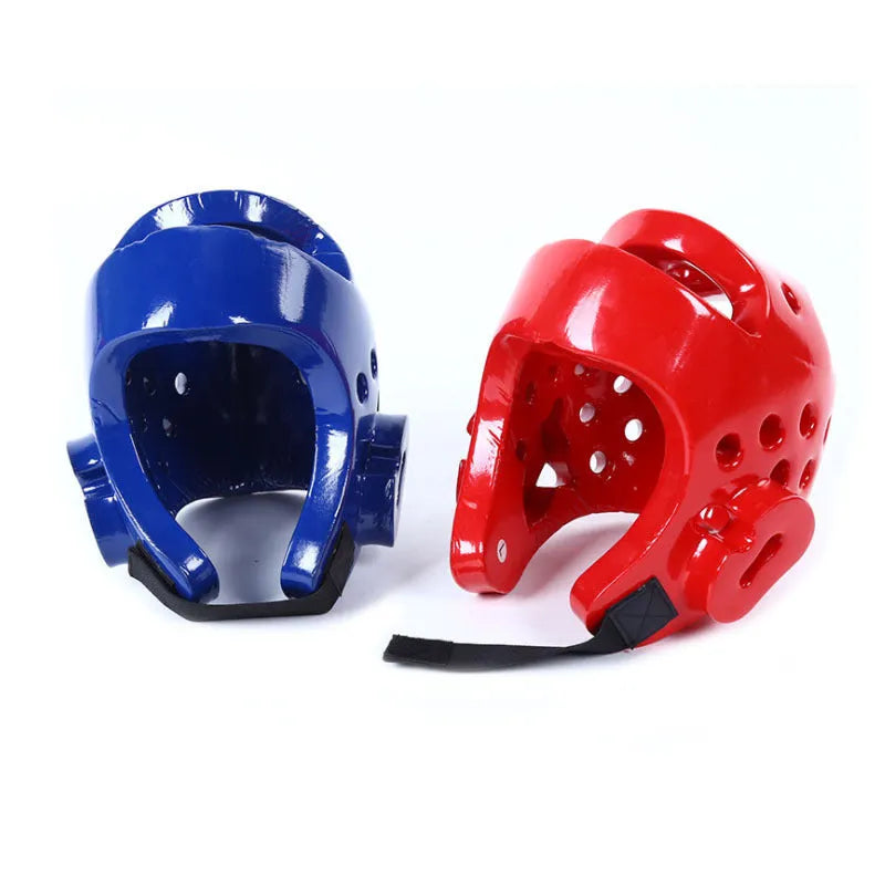 Red and blue karate protective gear set with leg guards, helmet and boxing gloves