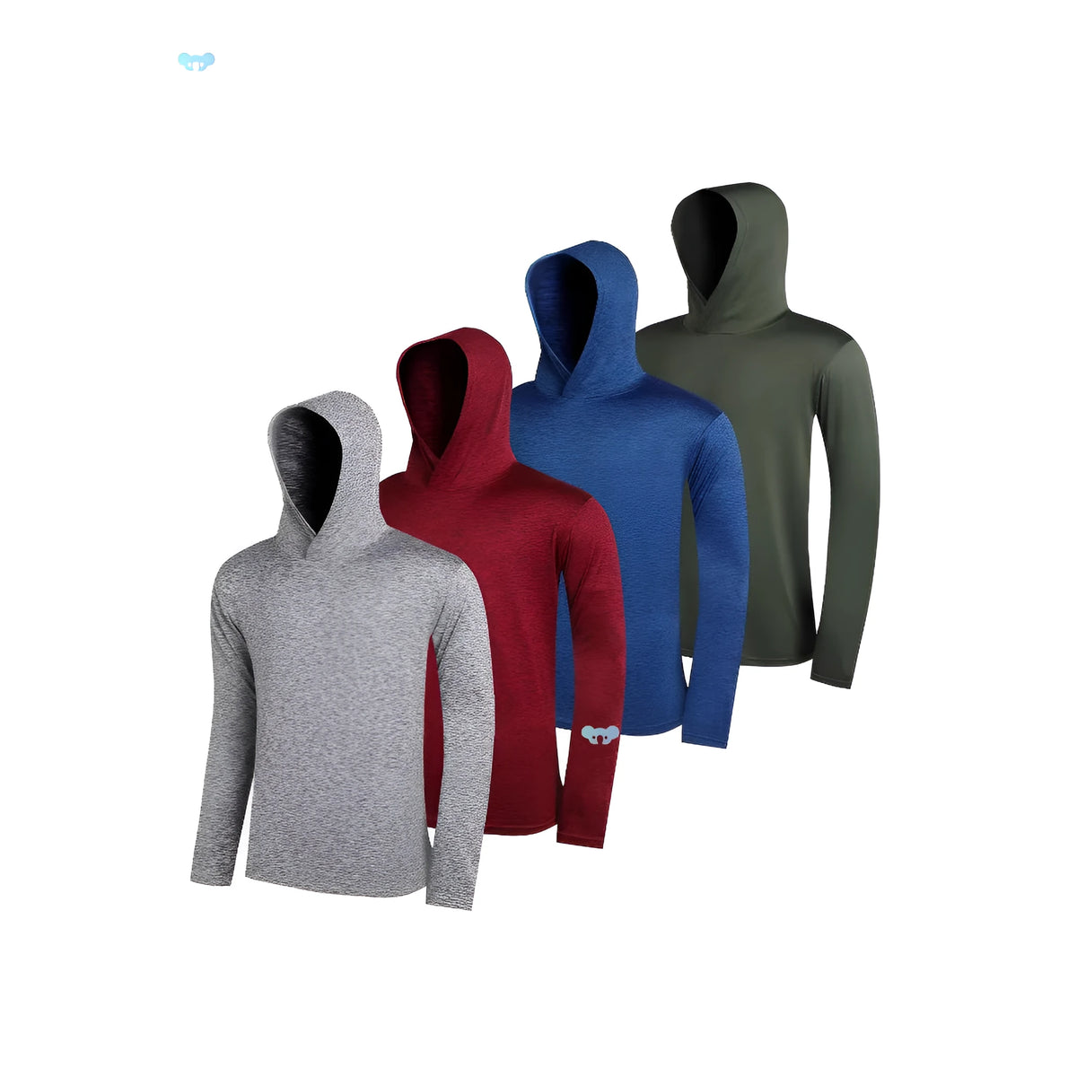 Four men's lightweight hoodies in elastic polyester fibre showing five colour options and size range S to XXXL