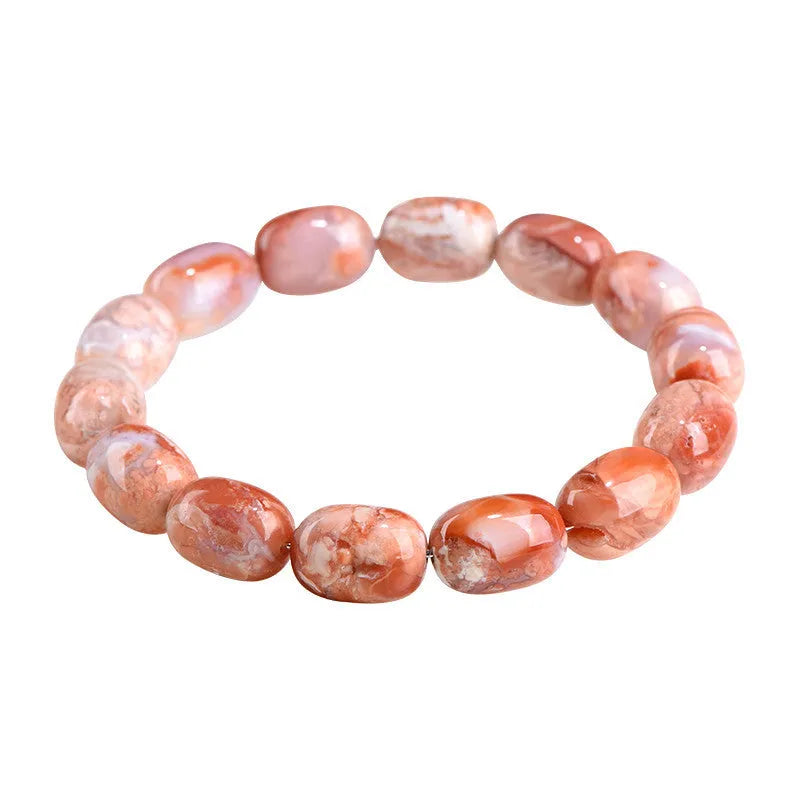 Natural cherry agate barrel bead bracelet with Ruyi elements and 10x14mm beads