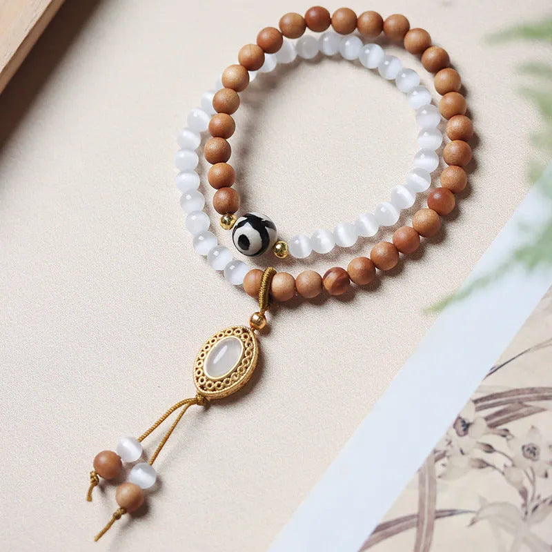 Sandalwood double ring opal women's bracelet with Tibetan beads in retro mixed material design
