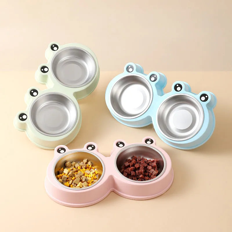 Stainless steel pet double bowl with frog design featuring separate food and water compartments