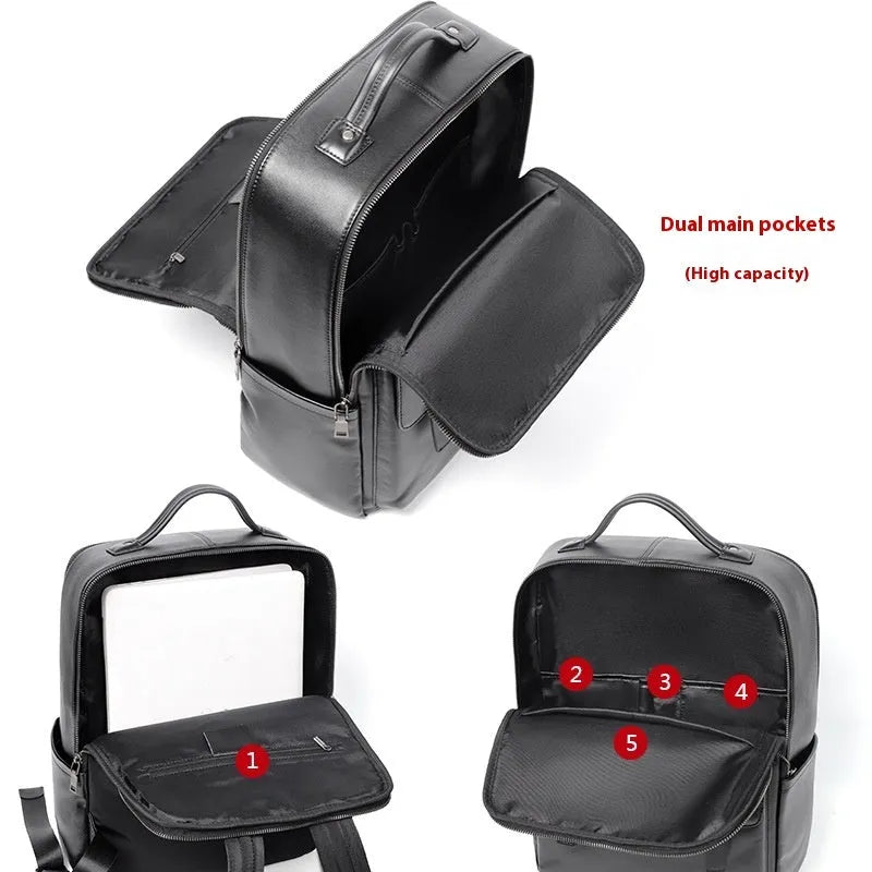 Men's black genuine leather computer backpack with curved back plate showing litchi grain texture and substantial 36-55L capacity.
