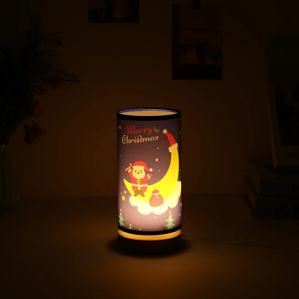 Moon Santa Claus shaped LED night light with a USB cable and bamboo lamp holder base.