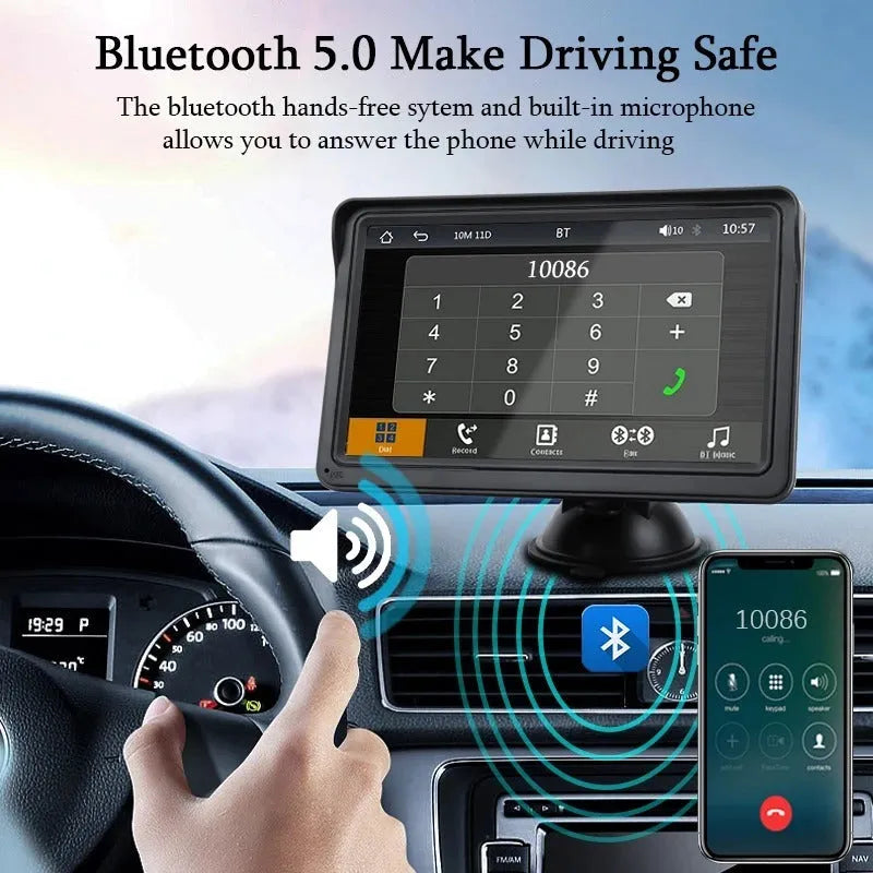 7-inch car display with 1024x600 HD screen, wireless CarPlay and Bluetooth 5.0