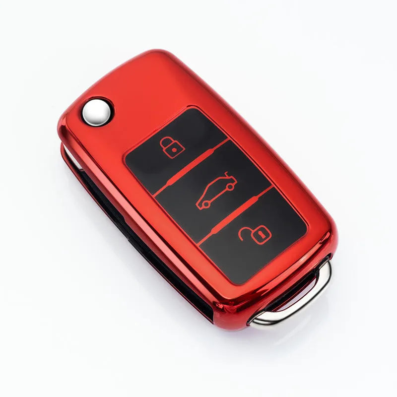 VW Model A folding car key case in TPU, shown in blue, pink, red, and silver colour options.