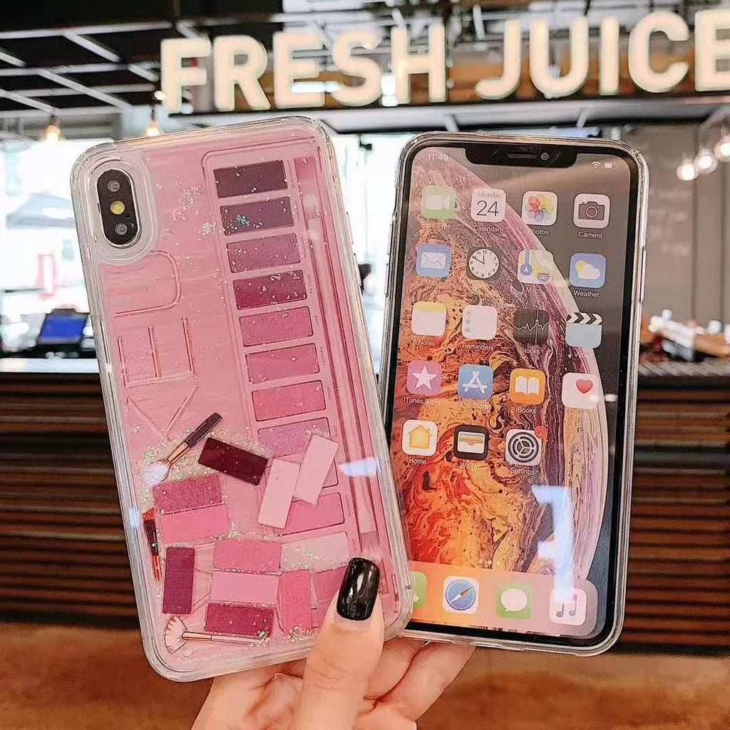 Quicksand phone case for iPhone, plastic back cover in pink or purple with moving effect