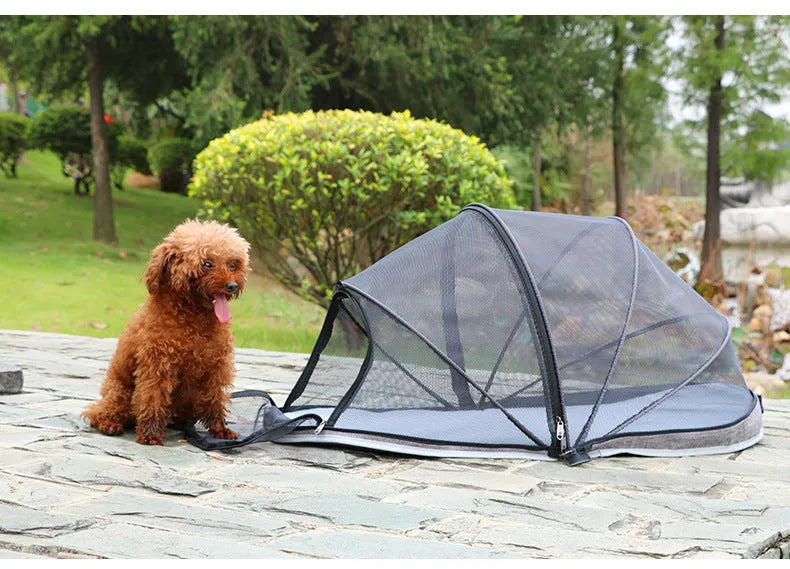Folding cloth cat tent with half mesh panels in black or blue colour options