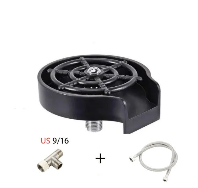 Stainless steel automatic glass washer with black ABS base and copper hose connection