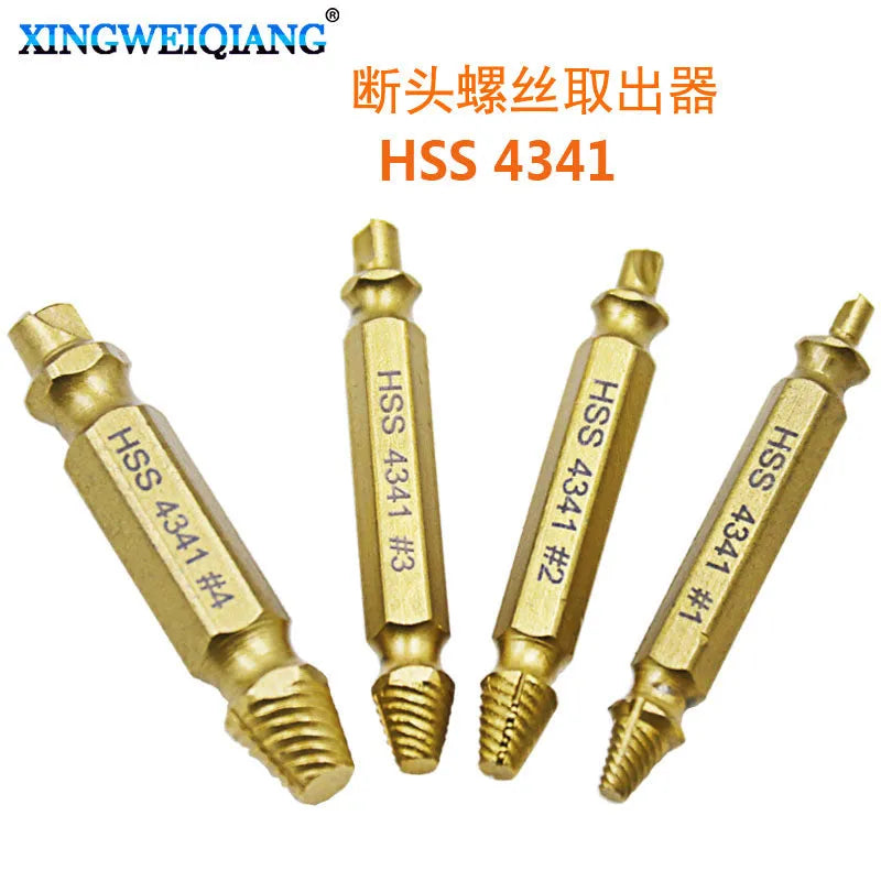 Five-piece 4341 high-speed steel screw extractor and bolt remover tool set.
