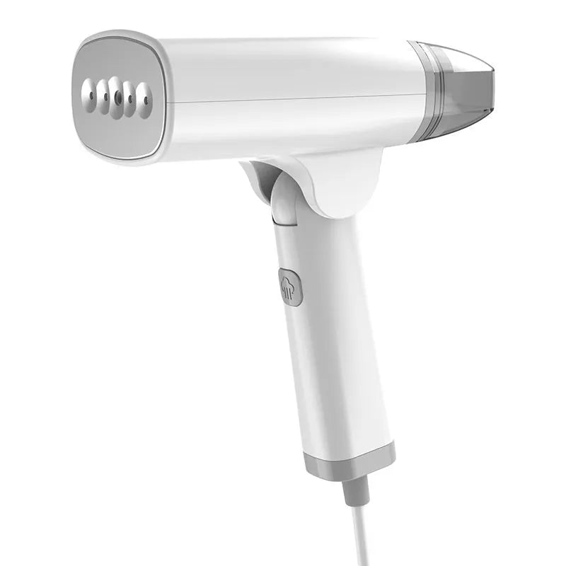 Handheld garment steamer in white or blue with compact design and water tank