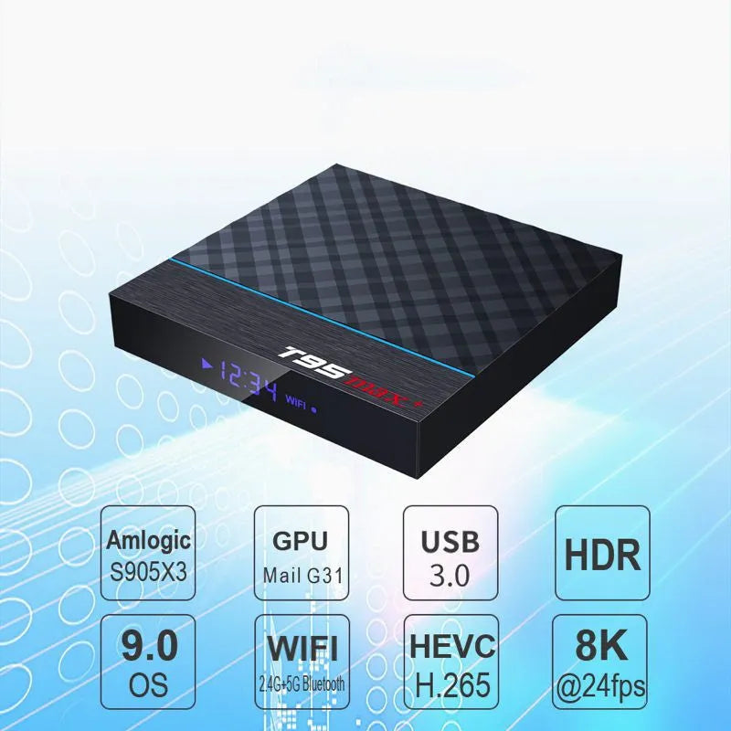 Black T95 Max Plus Android TV box unit with remote control, showing EU, UK, and US power plug options