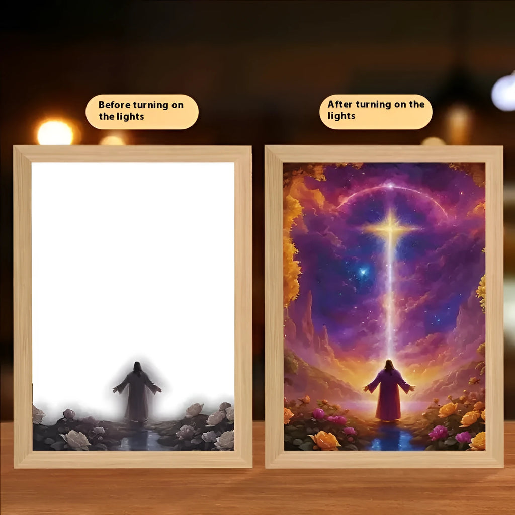Modern rectangular LED light painting picture frame with illuminated decorative design on wall