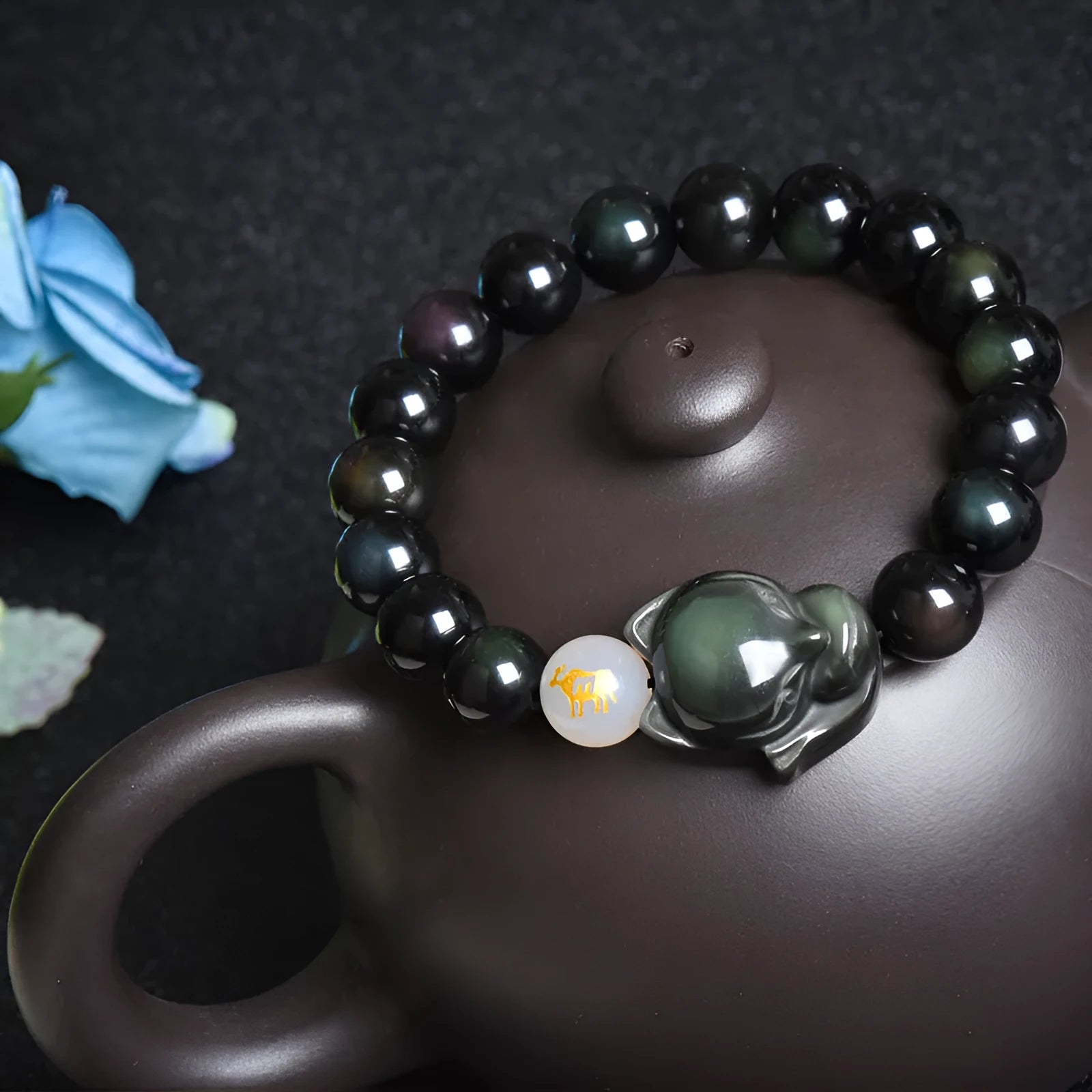 Obsidian national style bracelet with 10mm beads in three style variations