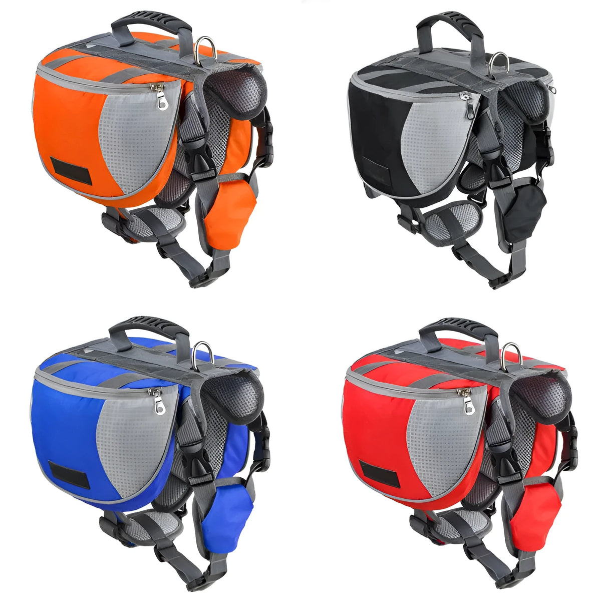 Dog hiking pack with adjustable neck, breathable mesh, reflective tape and large capacity in black