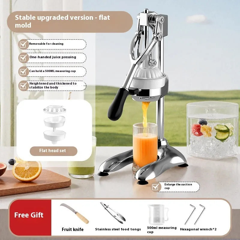 Large 480cm manual orange juicer in stainless steel and plastic with choice of flat or pointed tip mold.