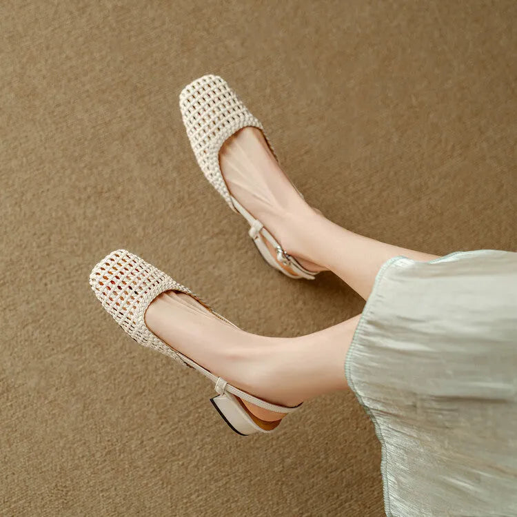Women's beige woven hollow-out sandals with closed toe, chunky heel, and ankle strap buckle.