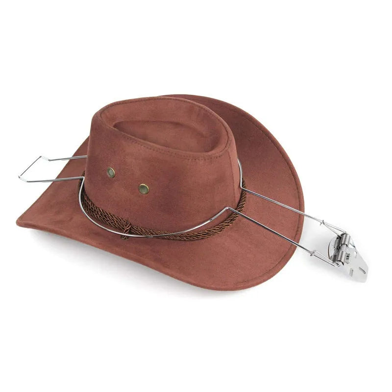 Brown chrome-plated metal car hat stand for interior vehicle storage of caps and hats.