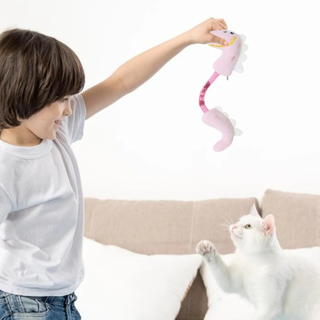 Set of four plush cat toys in pink, purple and yellow colours measuring 23cm long
