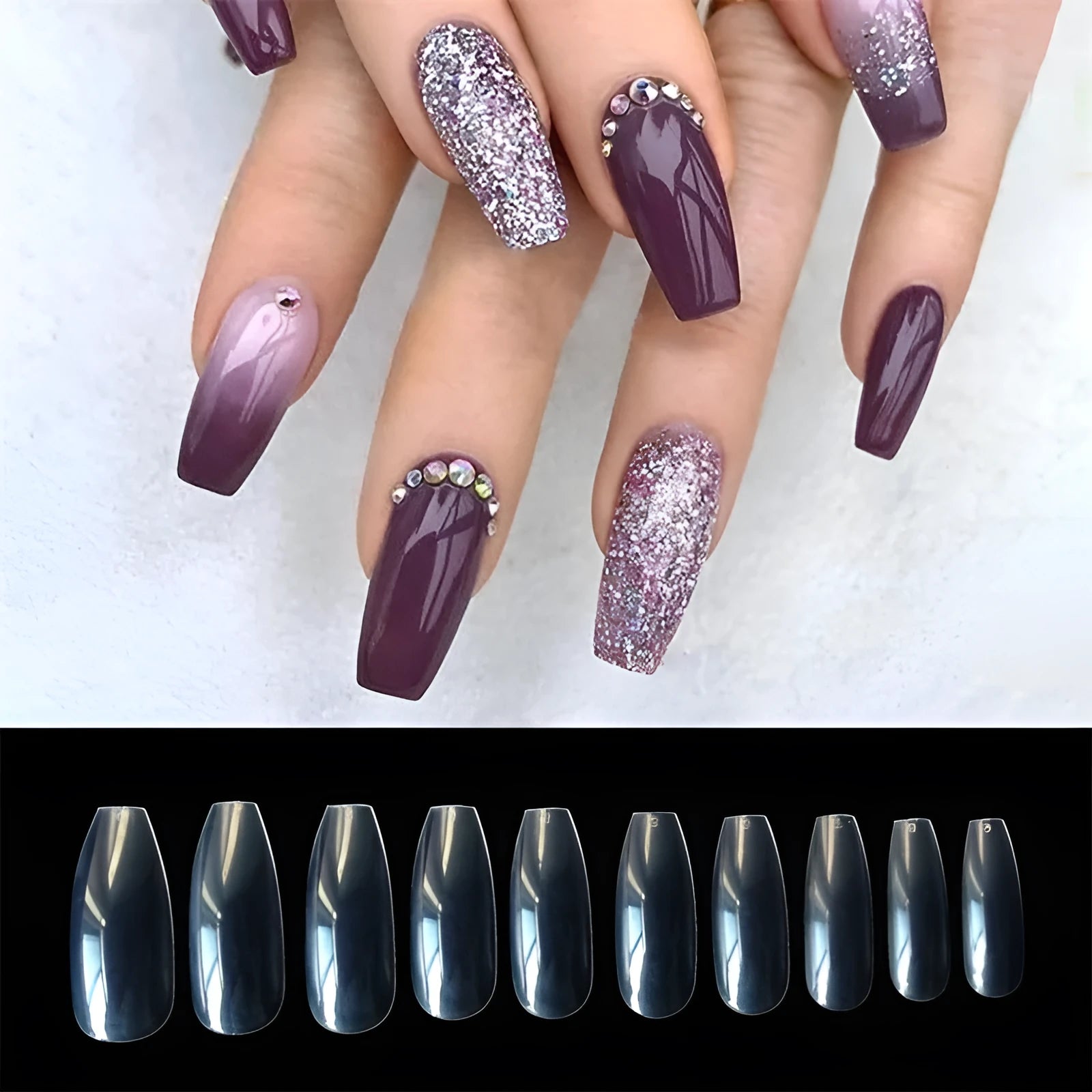 500 clear acrylic false nails in 10 sizes, made from ABS plastic, arranged on a table.