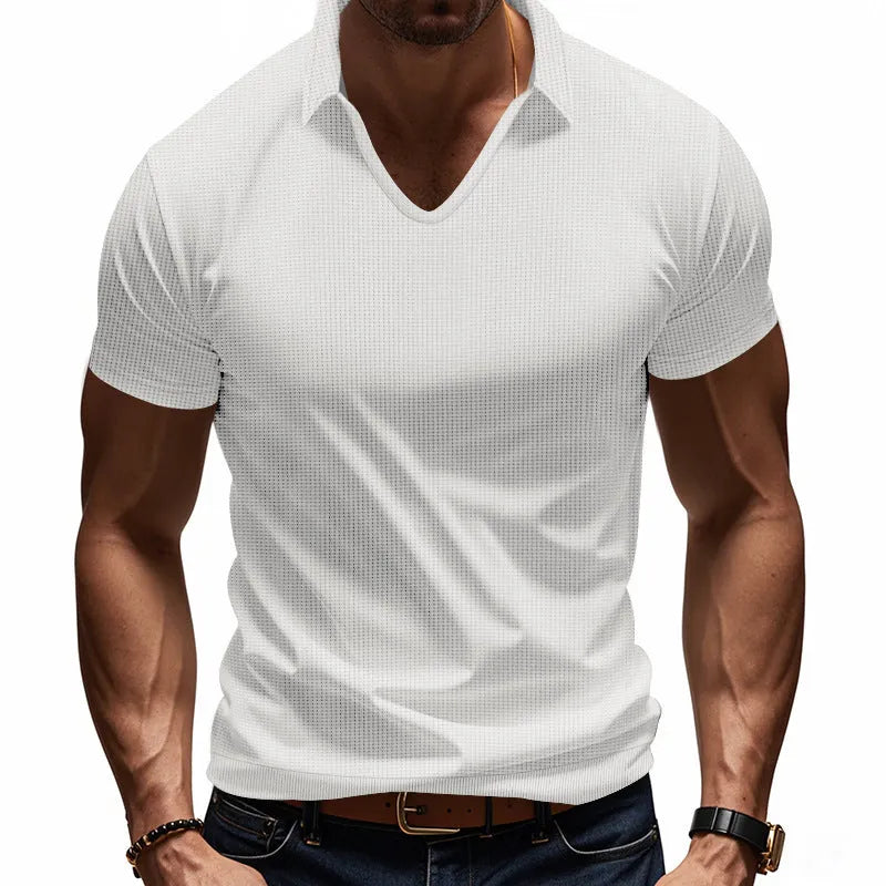 Men's V-neck short sleeve t-shirt in apricot colour with loose casual fit and thin cotton blend fabric