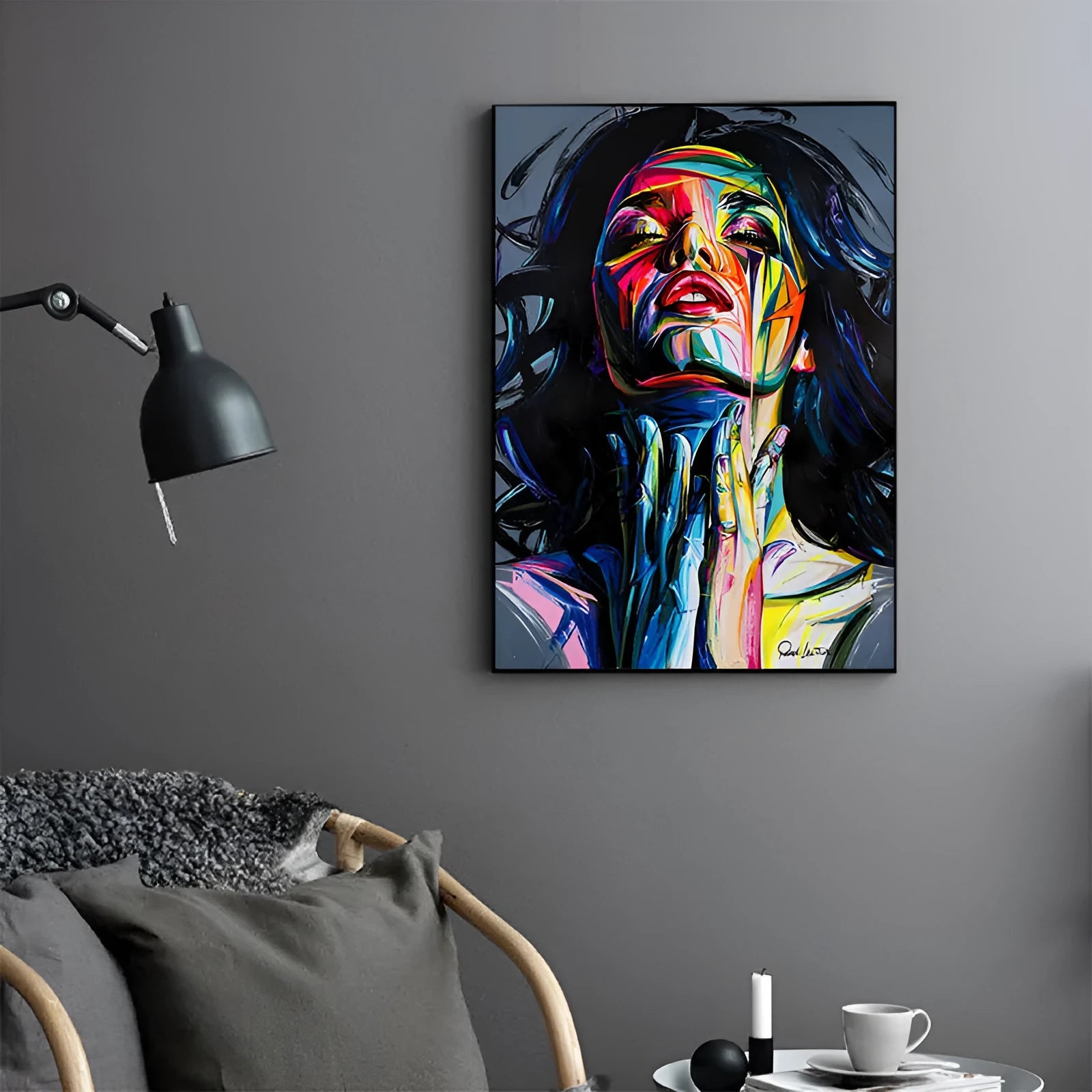 Personal portrait oil painting with smokey girl theme in black on non-woven material