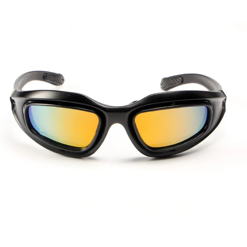 Sports sunglasses with polarized tactical lenses and a black PC full-rim frame on a grey background.