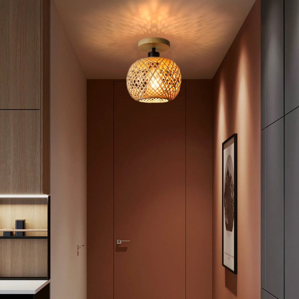Bamboo Japanese-style pastoral ceiling lamp in wood colour for corridor installation