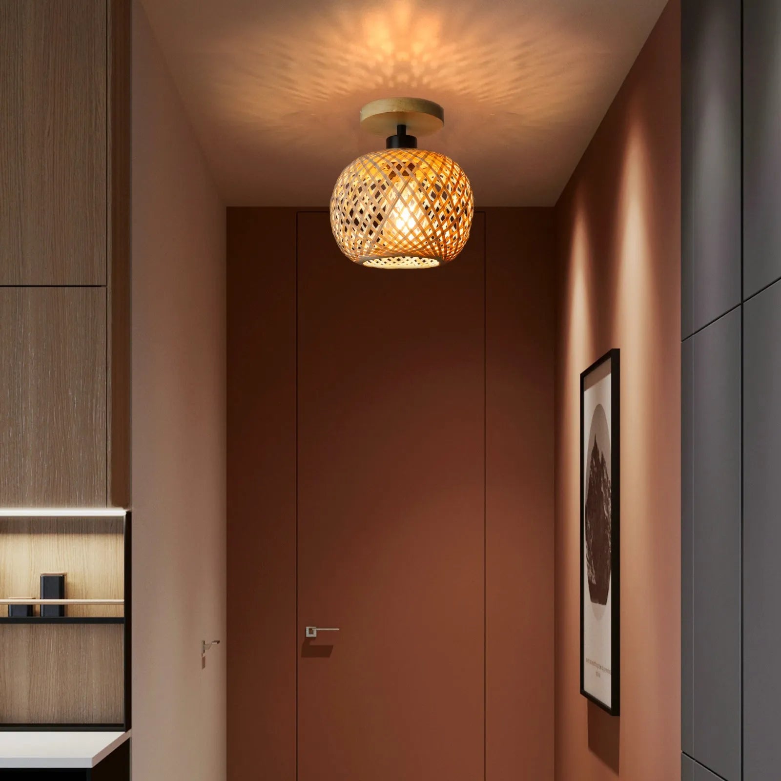 Bamboo Japanese-style pastoral ceiling lamp in wood colour for corridor installation