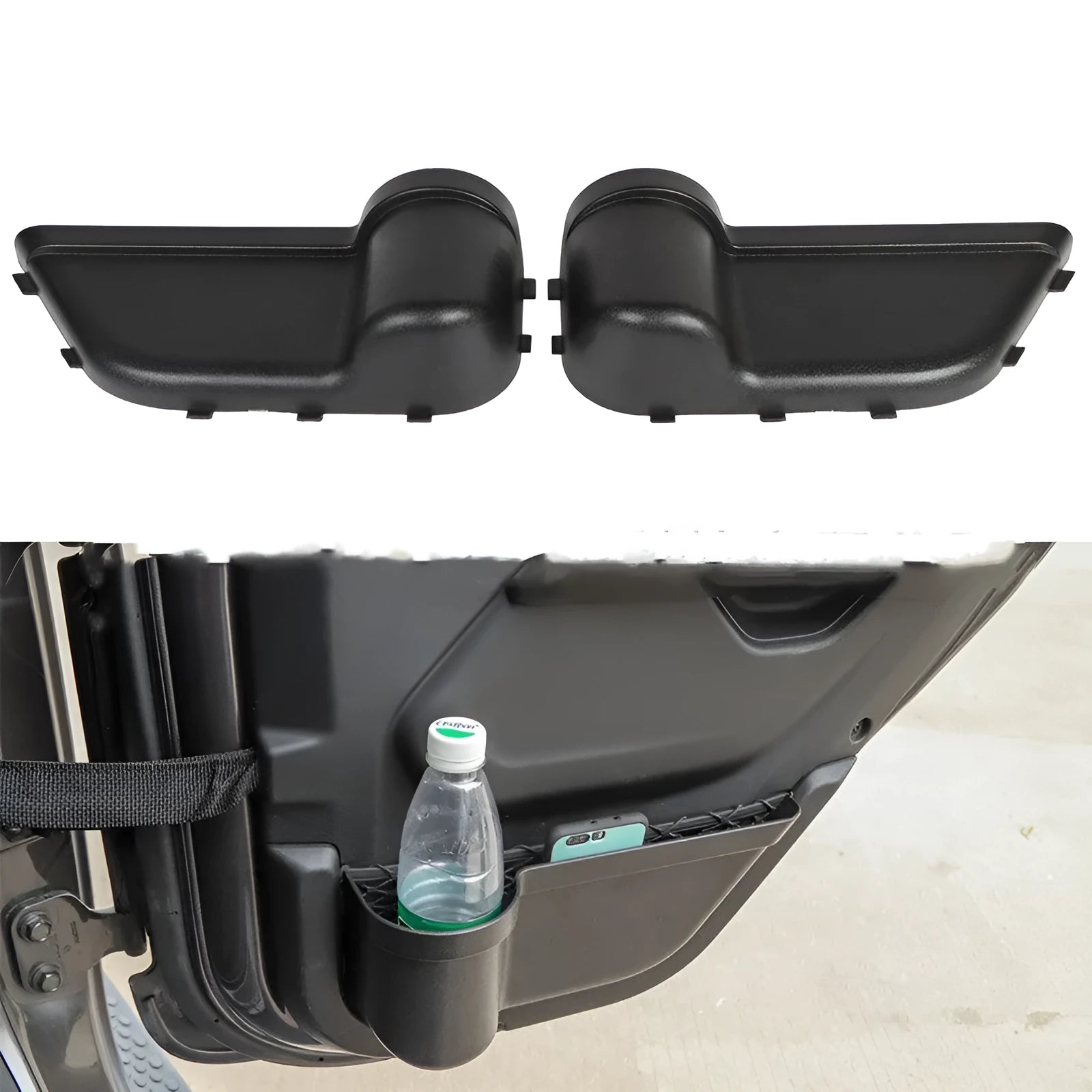 Black ABS door storage organiser for Jeep Wrangler JK and JL models mounted on vehicle interior door panel.