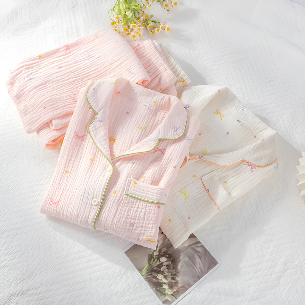 Women's cotton pajama set in beige with long sleeves and trousers