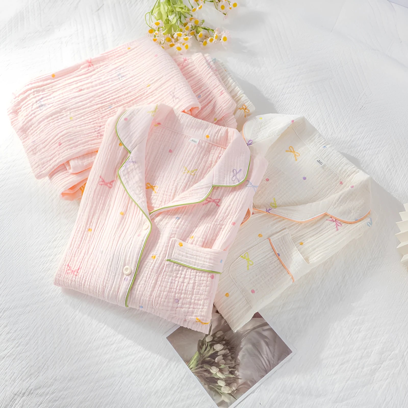 Women's cotton pajama set in beige with long sleeves and trousers