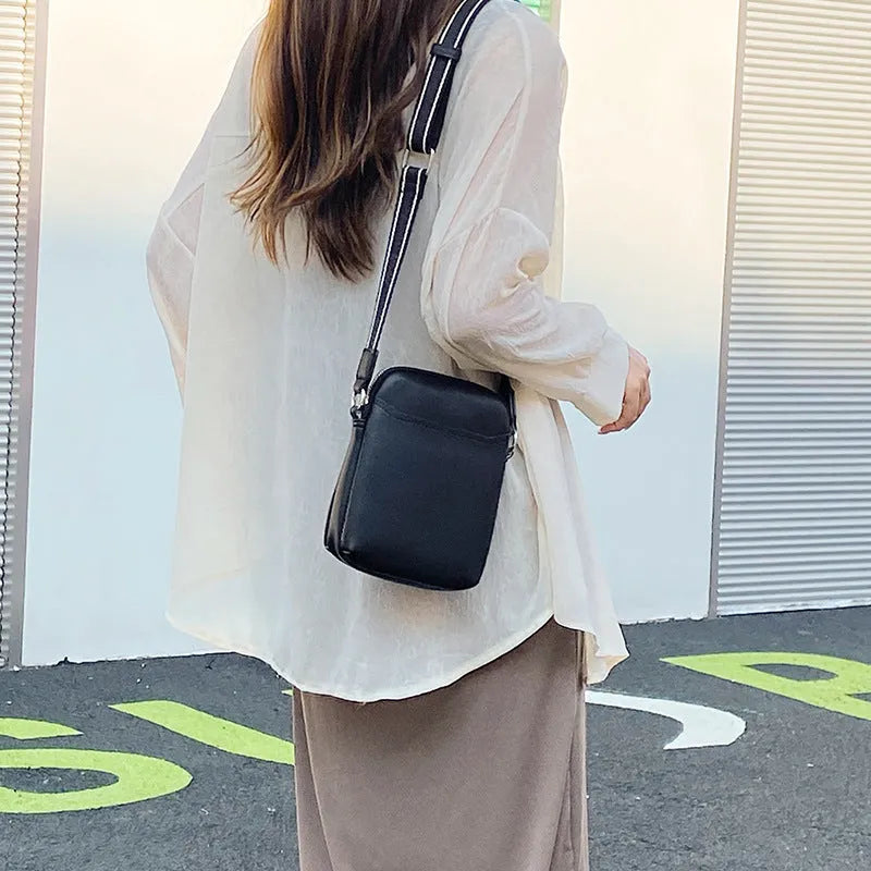 Solid colour mobile phone crossbody shoulder bag for women in PU material showing black, beige, khaki, and green colour options