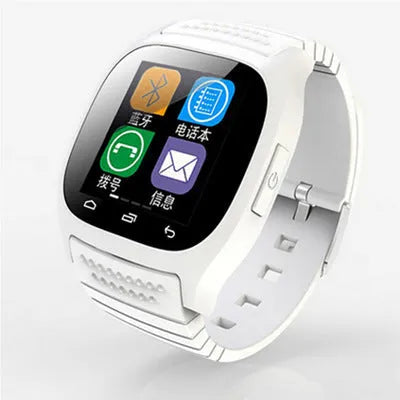 Black smart Bluetooth sports watch on a wrist, compatible with iPhone and Android phones.
