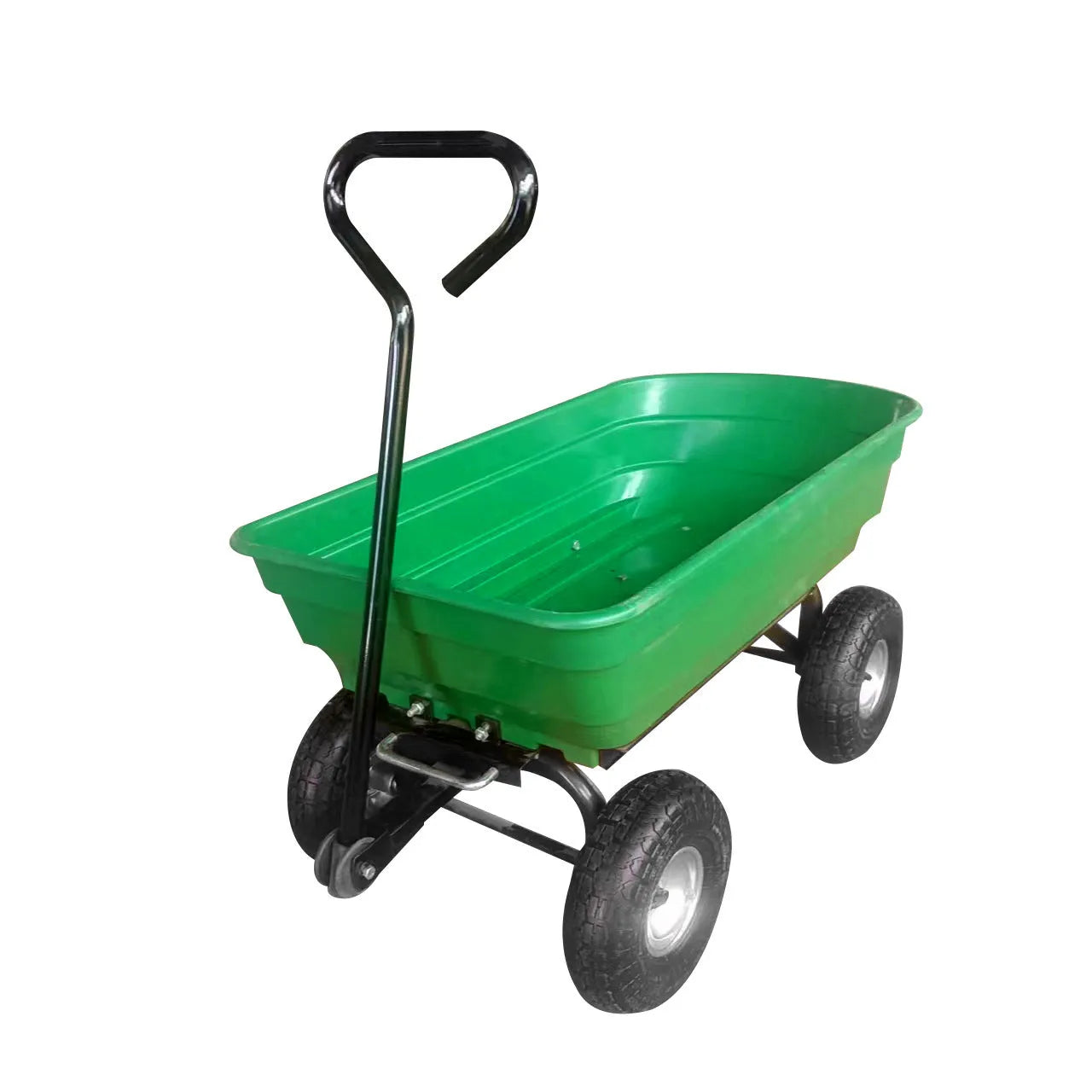 Green four-wheel plastic dump truck for agricultural tools with steel PP body and 350KG capacity
