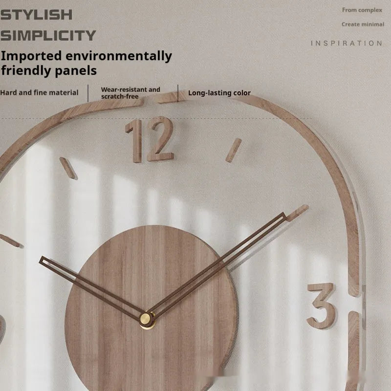 Square transparent wall clock with a wooden frame on a plain wall, showing modern design