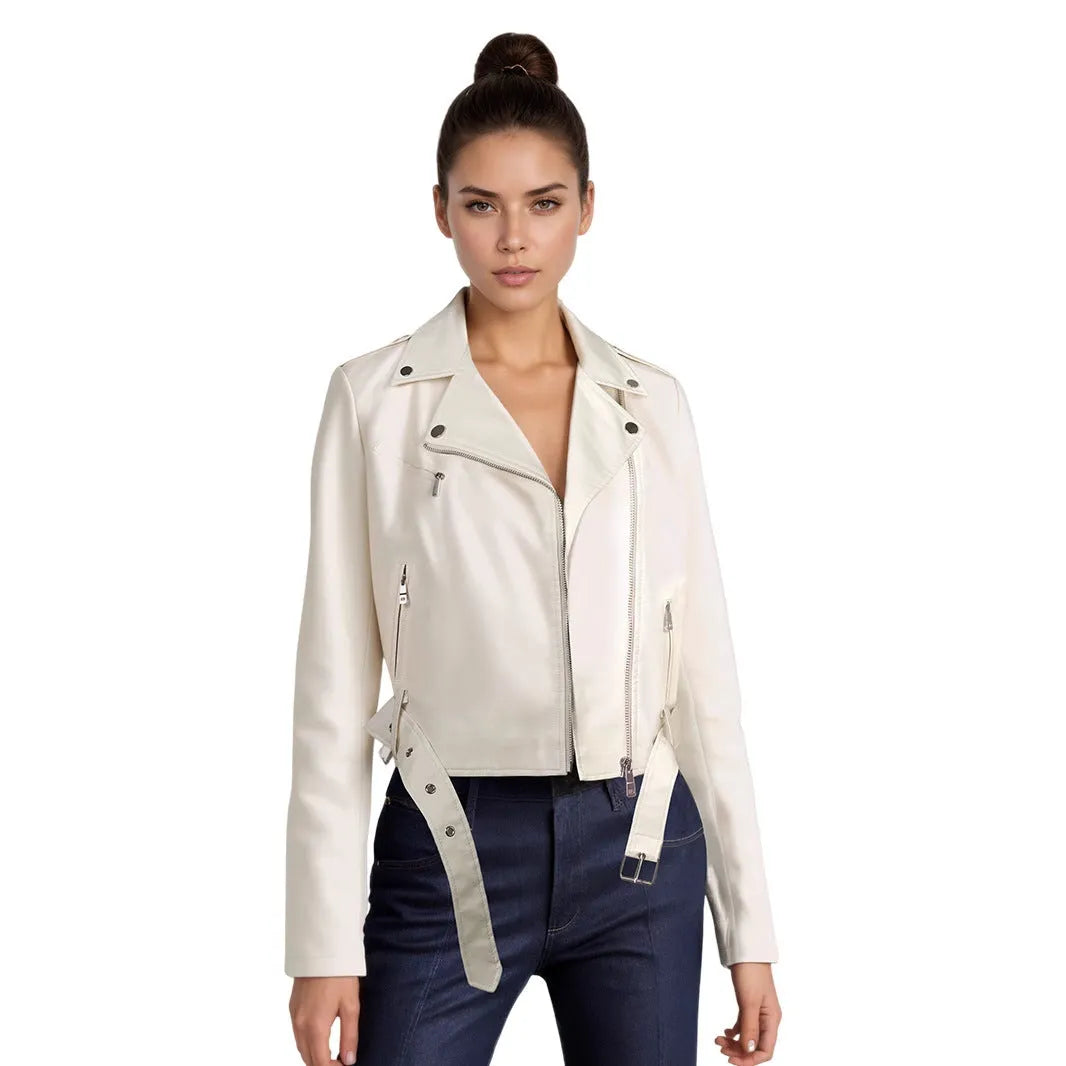 Women's red PU leather motorcycle jacket with belt lapel design on a hanger
