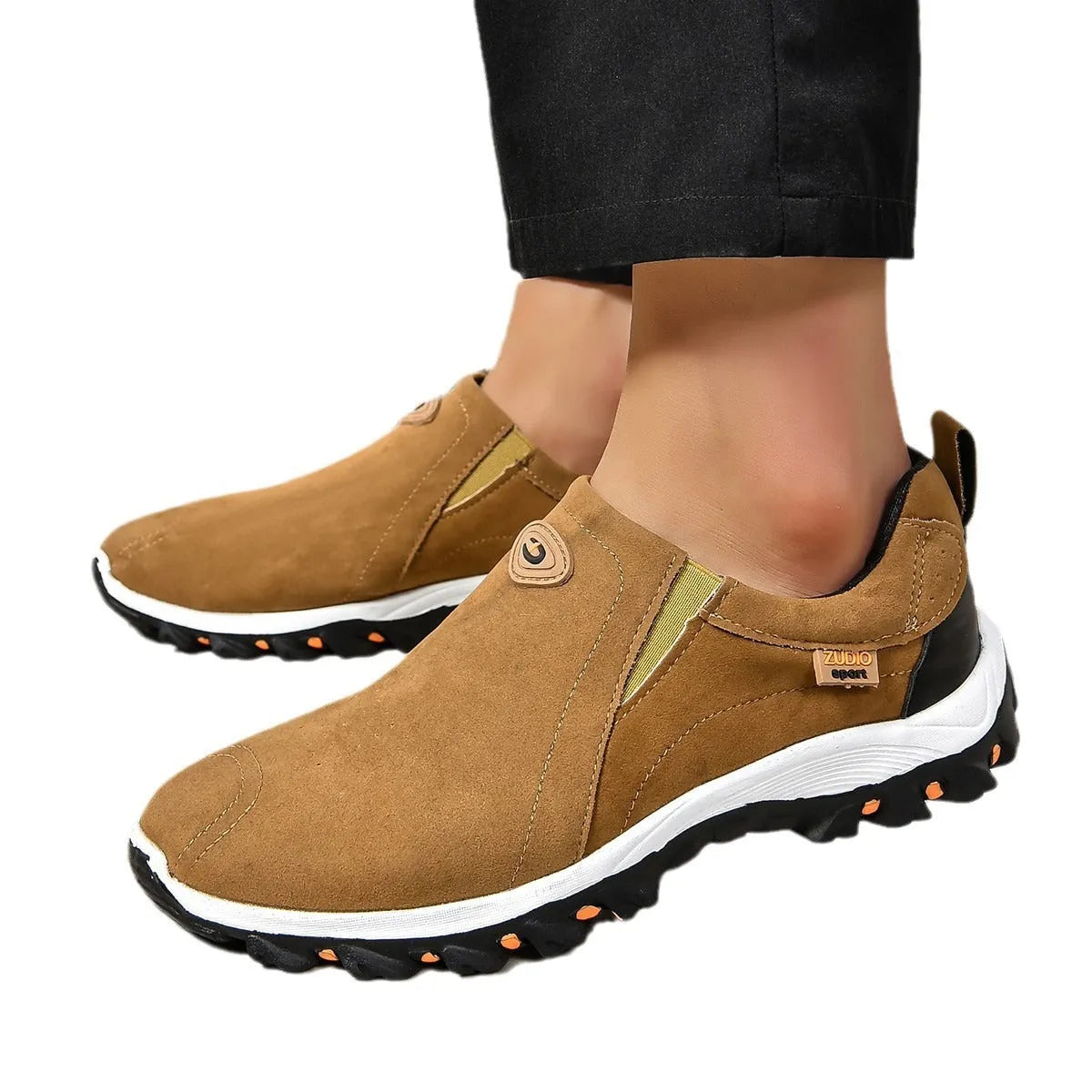 Men's round head thin shoes in various colours showing oversleeves design and rubber sole