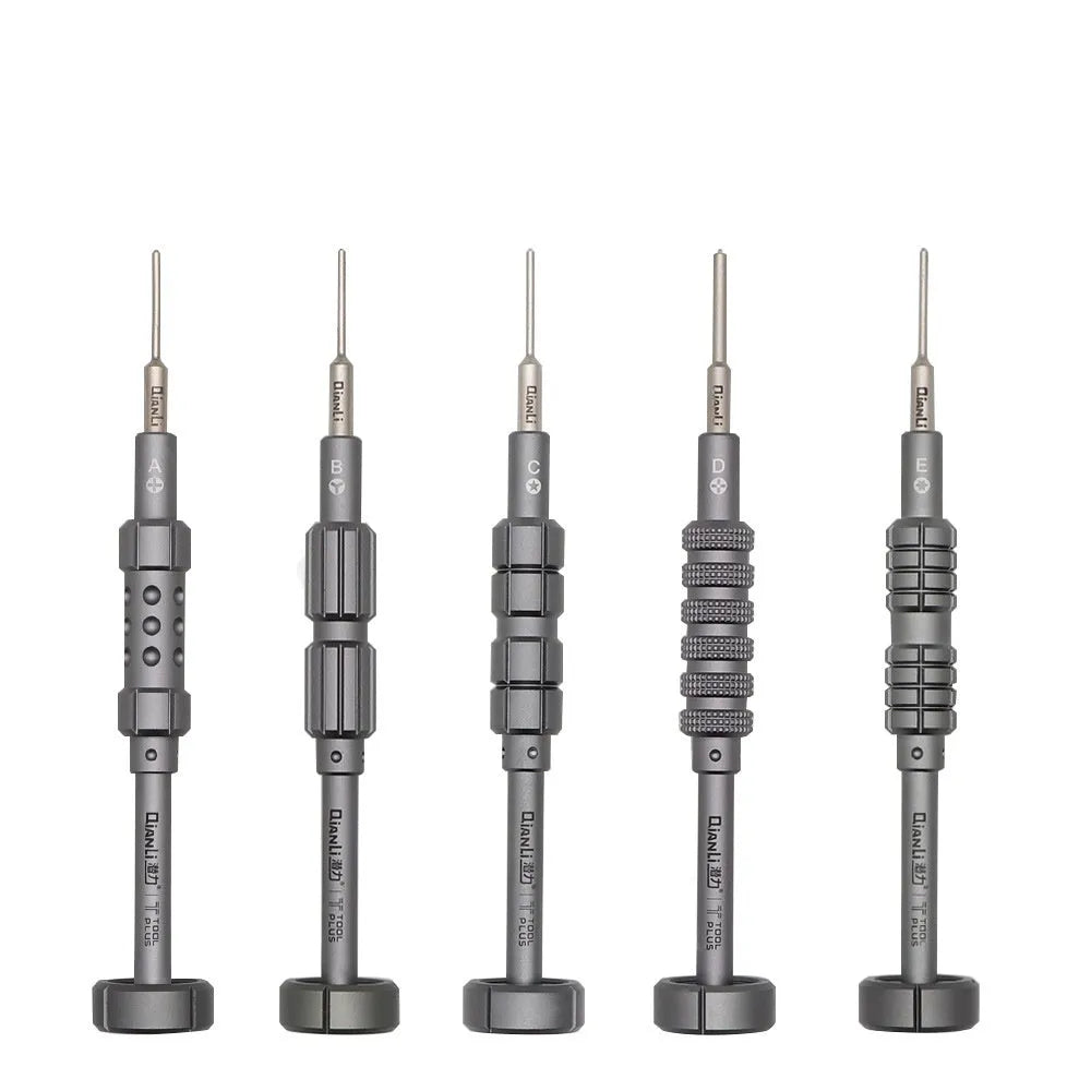 iPhone precision screwdriver with grenade-shaped aluminium handle showing five different head types