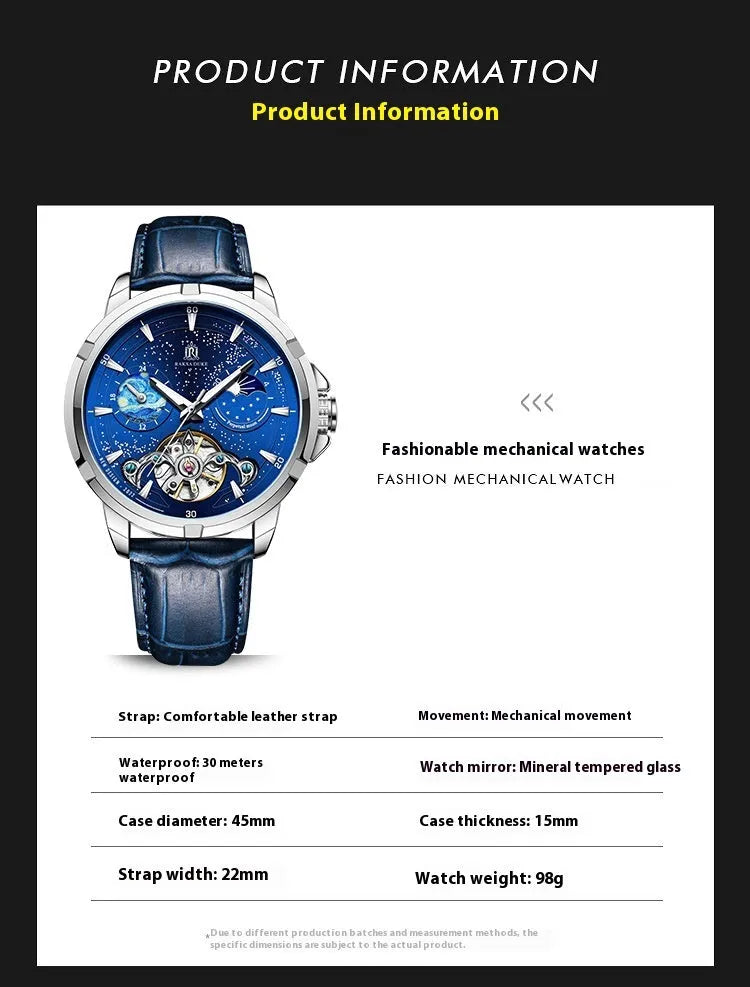 Men's blue automatic mechanical watch with metal bracelet showing side profile with 14mm thickness