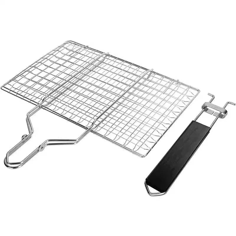 Square stainless steel folding barbecue mesh basket for grilling food outdoors.