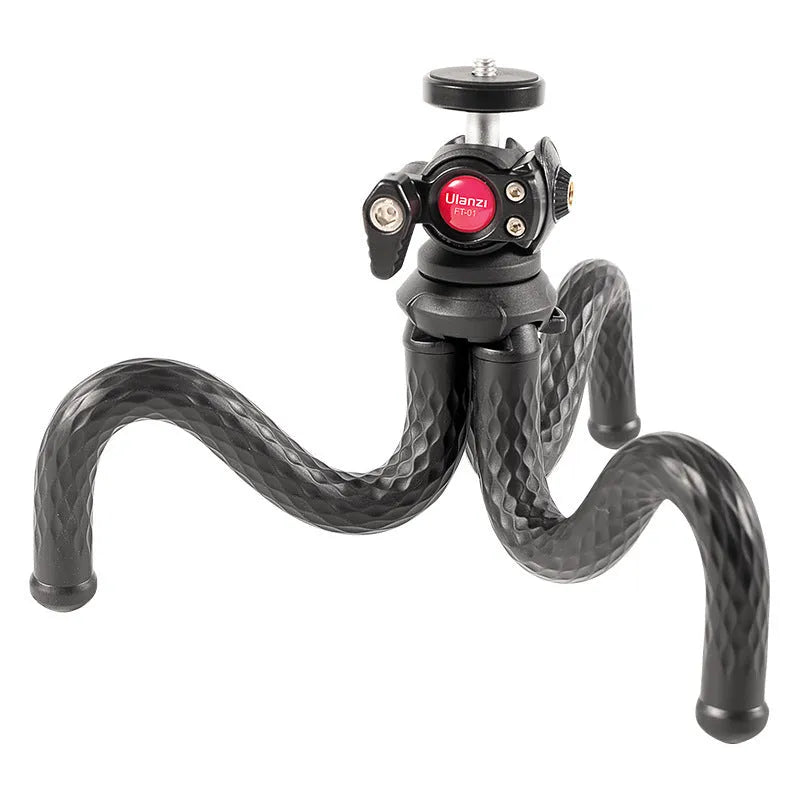 Black octopus leg mobile phone tripod gimbal set with phone clip attached, FT-01 model.