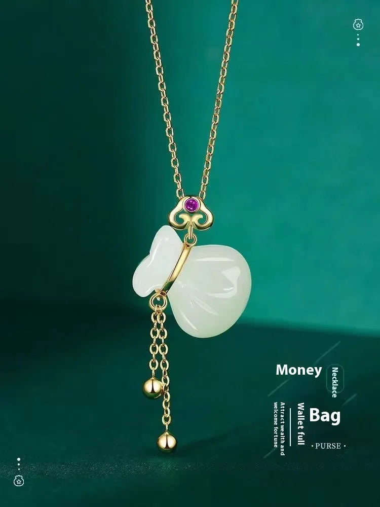 Silver plated money bag pendant with red dot tassel purse on an alloy necklace, national style lucky bag charm