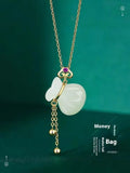 Silver plated money bag pendant with red dot tassel purse on an alloy necklace, national style lucky bag charm