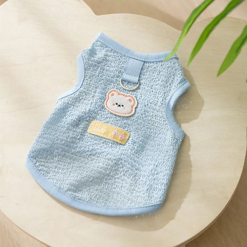 Green cat clothes with hollowed-out bear patch design made from knitted fabric