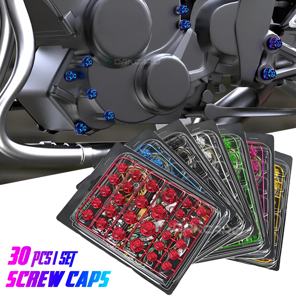 Set of 30 coloured ABS plastic motorcycle engine screw caps in black, red, gold, blue, silver, green, orange and purple