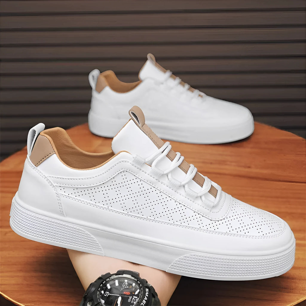 Thick bottom board shoes in white, lace-up low-top casual sneaker with round toe and flat heel, sizes 39-46.
