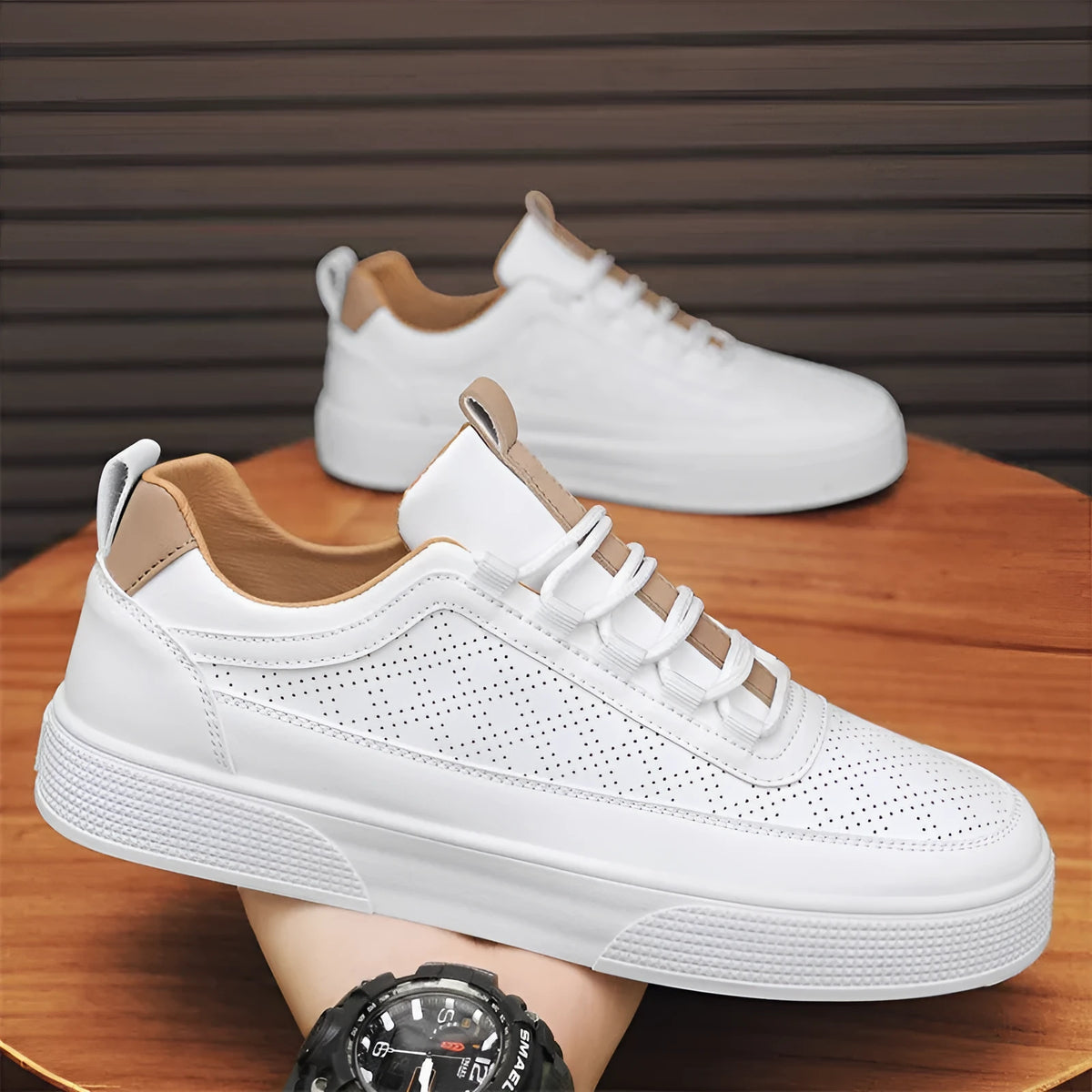 Thick bottom board shoes in white, lace-up low-top casual sneaker with round toe and flat heel, sizes 39-46.
