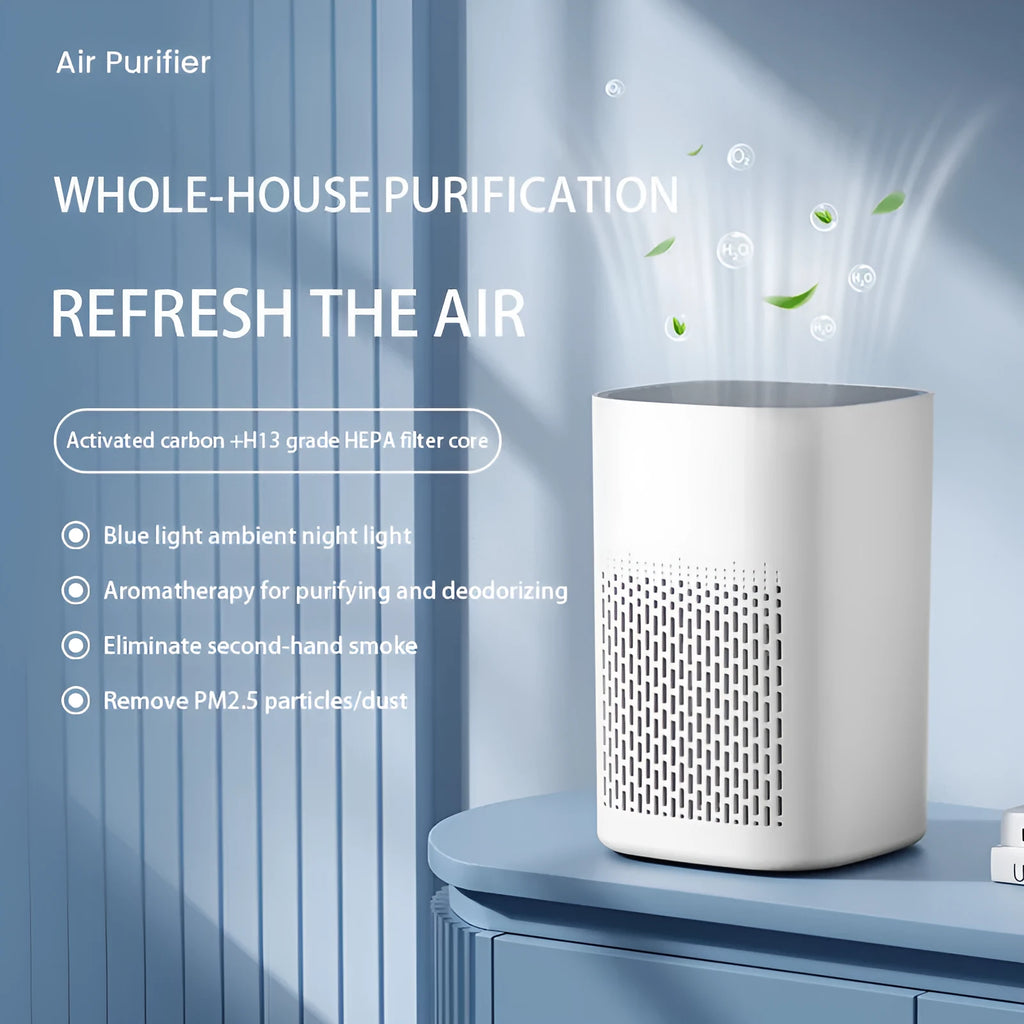 Simple style desktop air purifier with USB cable for small room and office use.
