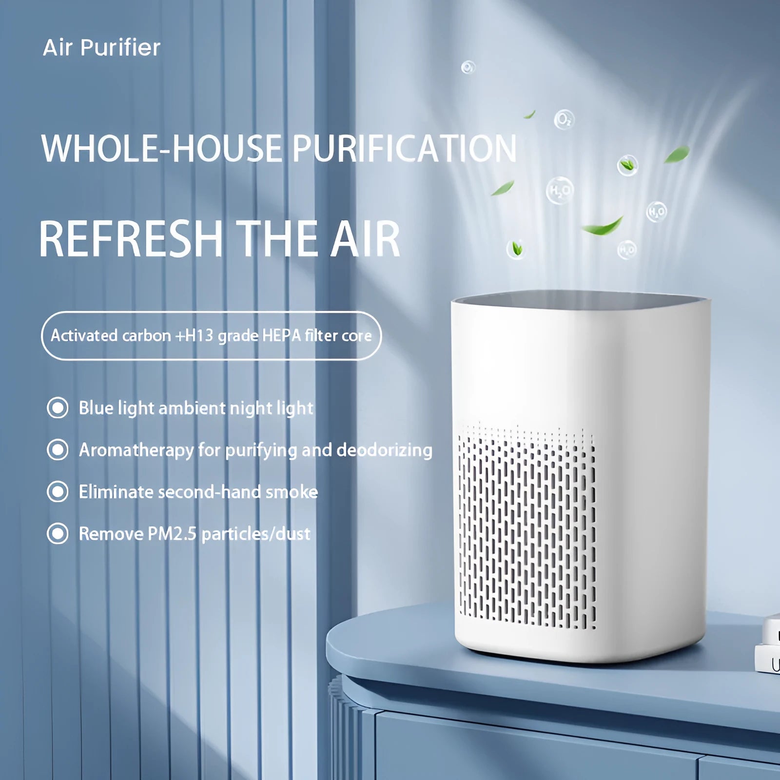 Simple style desktop air purifier with USB cable for small room and office use.